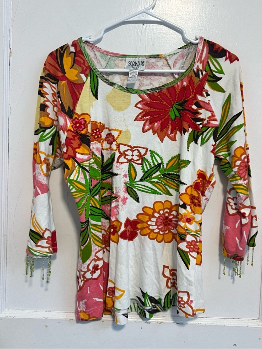 Cervelle boho chic floral grannycore wearable art top with beaded trim Size M